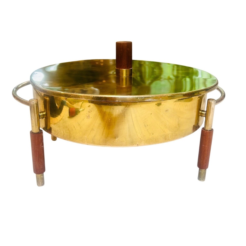 Vintage MCM Brass Chafing Dish Warming Stand with Wood Handles 9 Inch